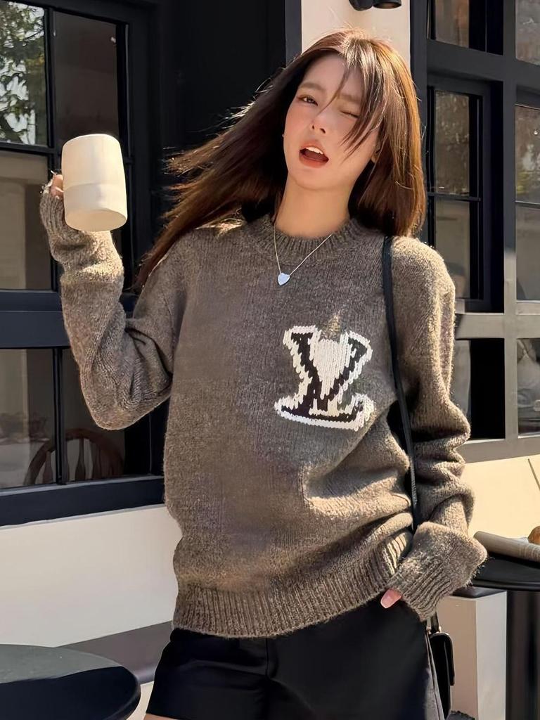 L Marke Schwerer Strickpullover mit Rundhalsausschnitt, Herbst/Winter 25SS Kollektion in Schwarz.