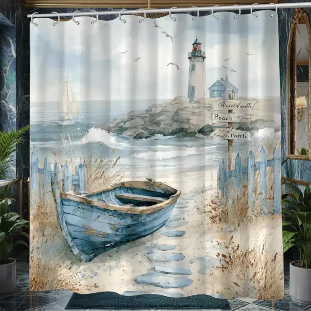 

Watercolor Boat and Lighthouse Shower Curtain Beach Path Ocean View Waterproof Bath Decor Rustic Coastal Bathroom Curtains 90x180CM