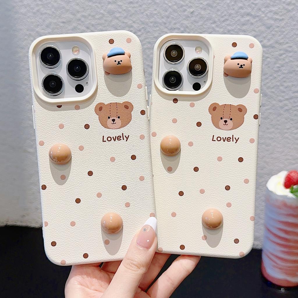 Three-dimensional Polka Dot Cartoon Bear for Apple 16 Promax Mobile Phone Case for IPhone 15 Silicone 14/13 Women