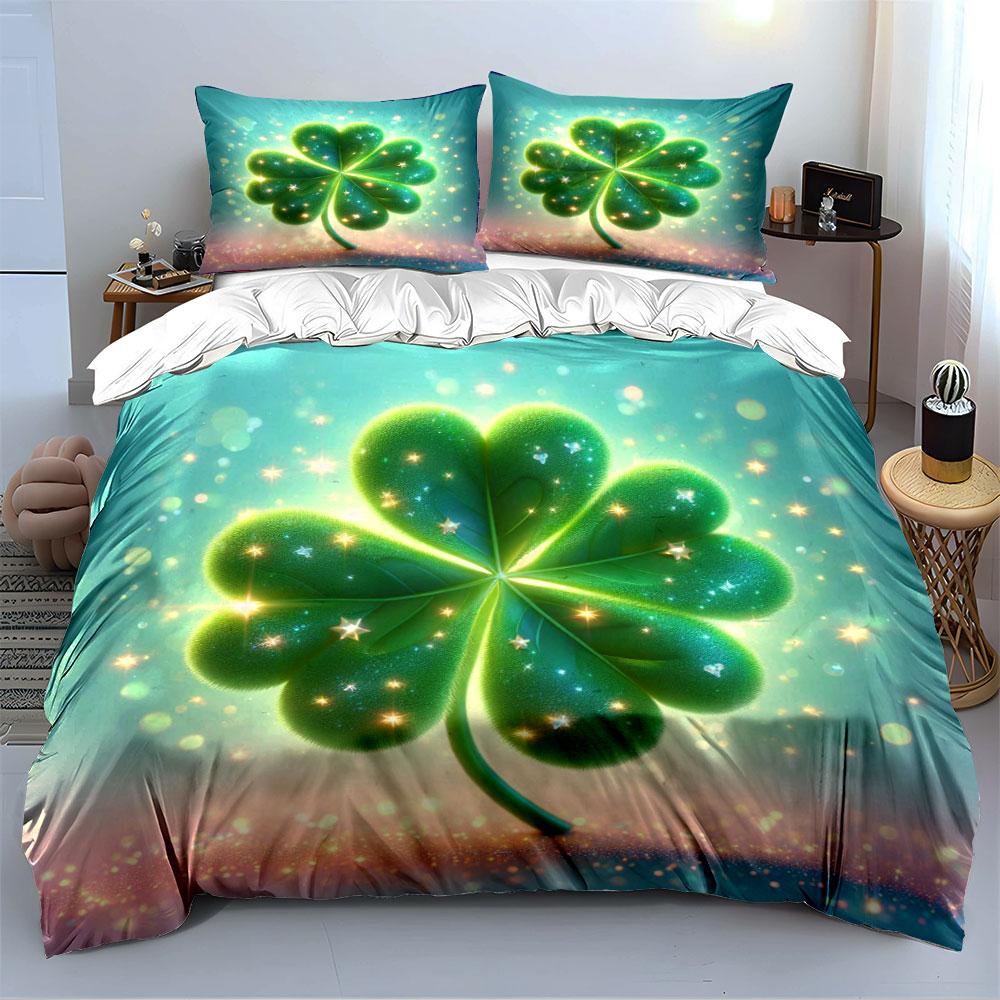 Lucky Four-Leaf Clover Design Bedding Duvet Cover Set (1*Duvet Cover 2*Pillowcases, Without Duvet Insert)