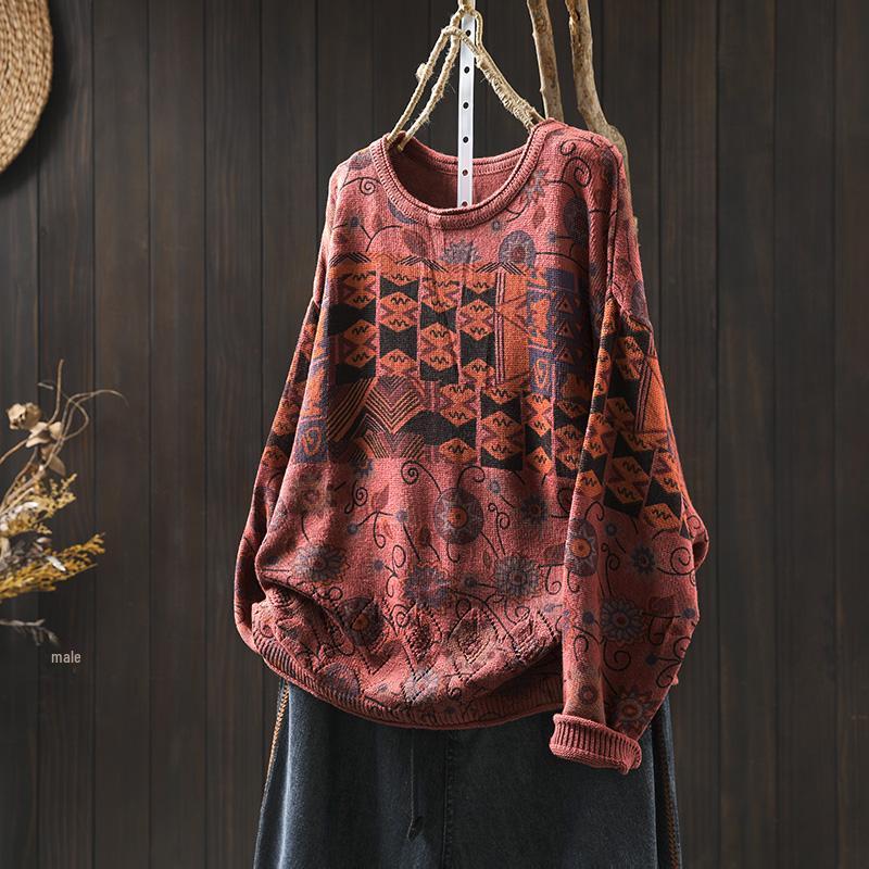 Women's Retro Floral Cotton Knit Sweater: Loose, Large, Round Neck, Pilling-Resistant Pullover for Spring & Autumn