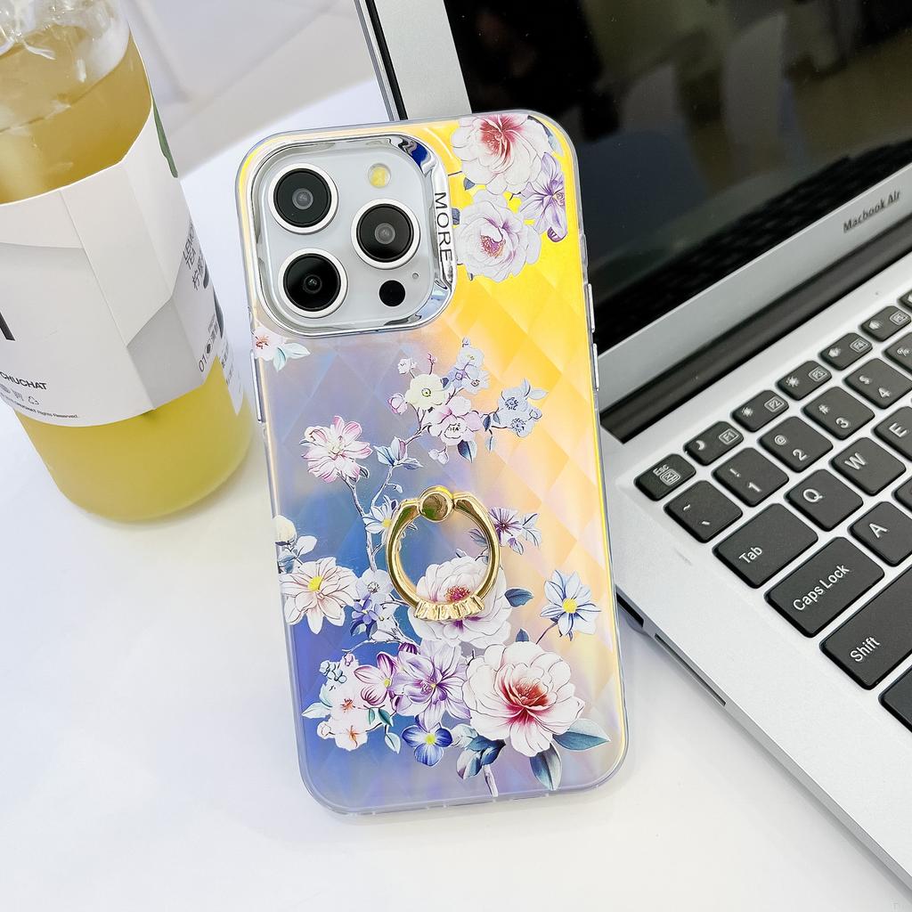iphone16ProMax Mobile Phone Case Is Suitable for Apple 15 Ring Bracket Electroplated Laser Flower Protective Cover