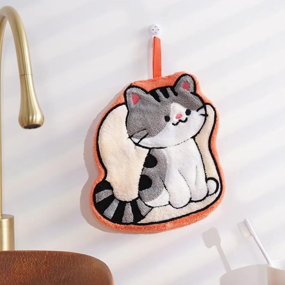 New Coral Fleece Cat Hand Towel Soft Thickened Bathroom Kerchief Strong Water Absorption Hanging Handkerchief Bathroom