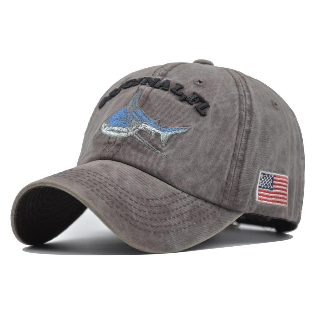 Casquette de baseball lavée chapeau requin casquette de baseball brodée 3D pour hommes et femmes casquette à visière non Adjustable brun foncé