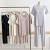 Women's Short-Sleeve Pajama Set with Built-in Bra, Summer Ice Silk Two-Piece, Casual Long Pants, Home Comfort Wear.