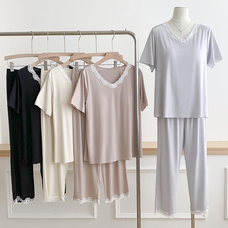 Women's Short-Sleeve Pajama Set with Built-in Bra, Summer Ice Silk Two-Piece, Casual Long Pants, Home Comfort Wear.