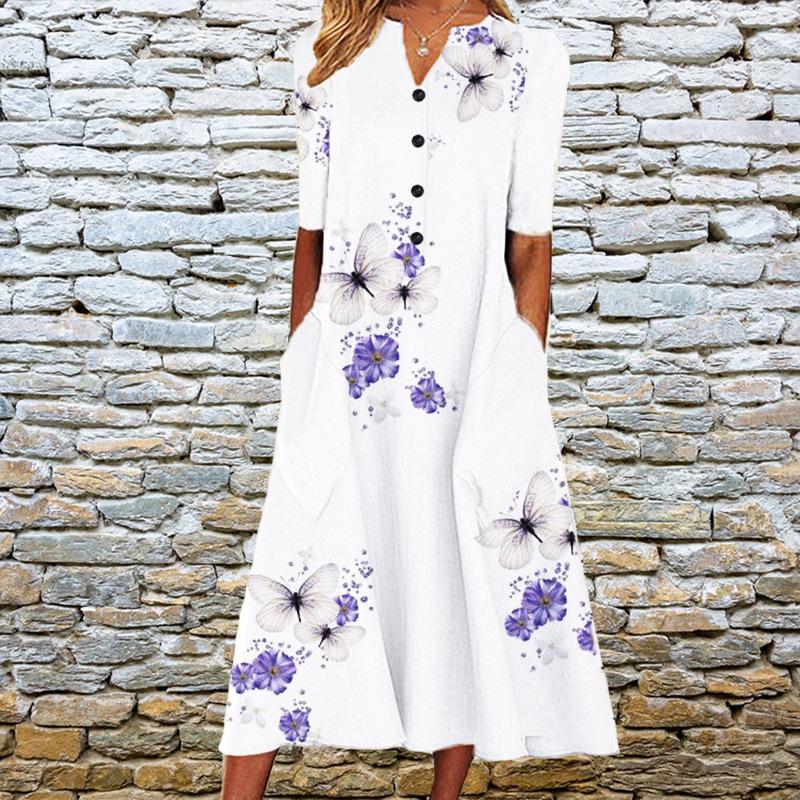 Women's Spring and Summer Printed Pocket V-neck Loose Casual Long Dress