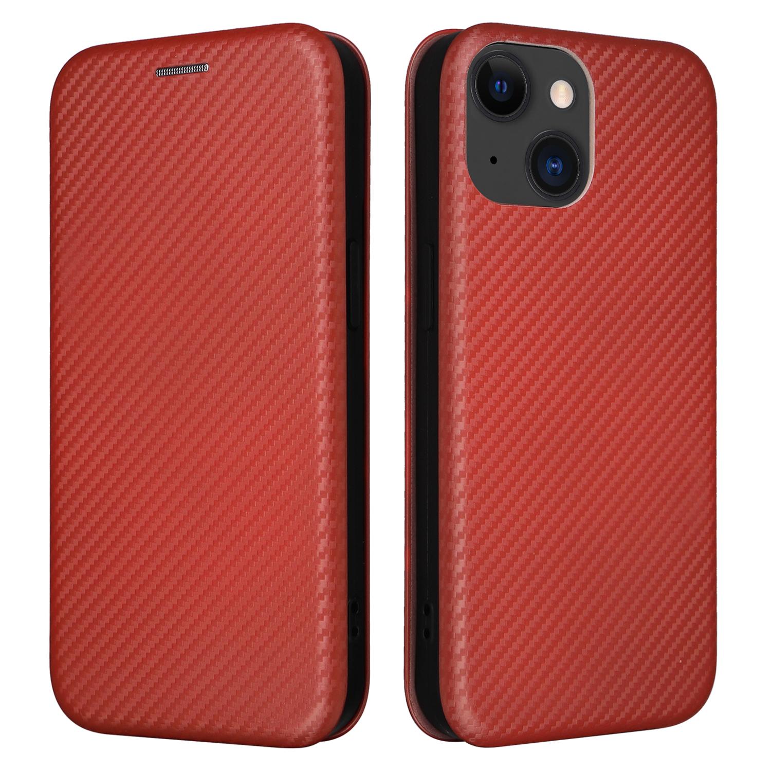 

Card Holder Leather Phone Case for iPhone 15,Carbon Fiber Texture Stand Phone Cover Brown