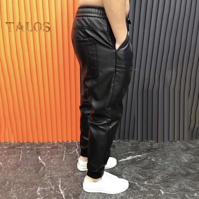 Pantaloni da uomo in similpelle con tasche, elasticizzati, in vita, tinta unita, taglie forti, impermeabili, con cinturino alla caviglia, stile motociclista, pantaloni da club primaverili ed autunnali
