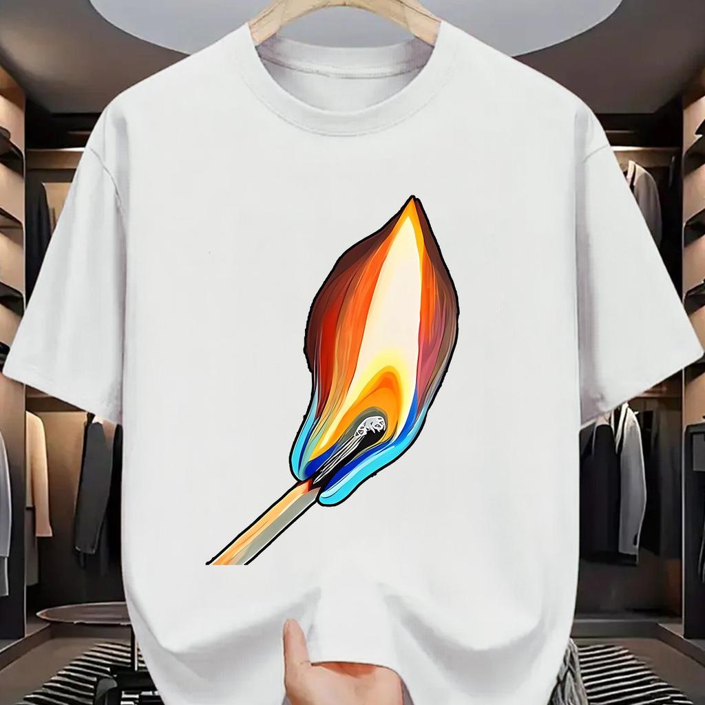 Brennendes Streichholz Grafikdruck Herren Baumwoll T-Shirt Lässig Kurzarm Rundhalsausschnitt Sommer T-Shirt