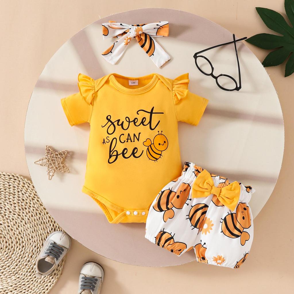 Baby Girl Summer Romper & Shorts Set - "Letter" Top with Belted Flower Pants