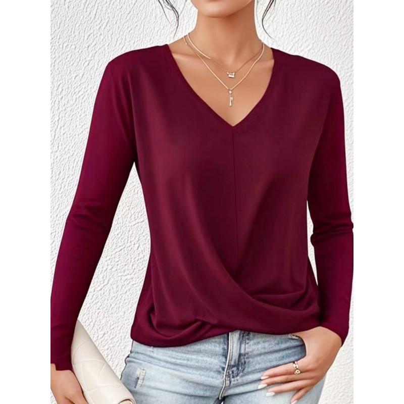 Womens Plus Size Solid Color Long Sleeve Top V-Neck Casual Loose Fit Daily Wear Fall 2025