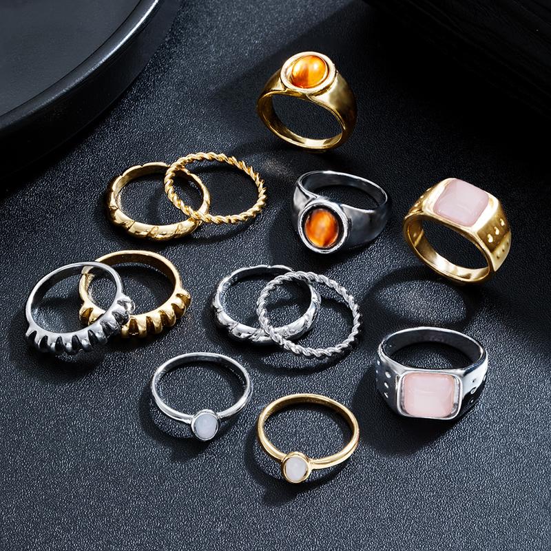 6Pcs/Set 2026 New Brown Stone Widened Opening Rings Set for Women Simple Twisted Lines Personality Finger Rings Party Jewelry