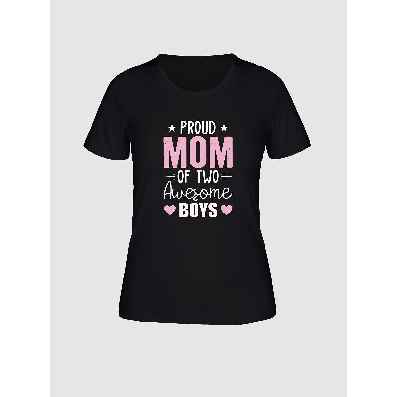 Women Proud Mom of Two Print T-Shirt Pink Letter Icon Round Neck Short Sleeve Spring Summer Mom Gift Casual Top