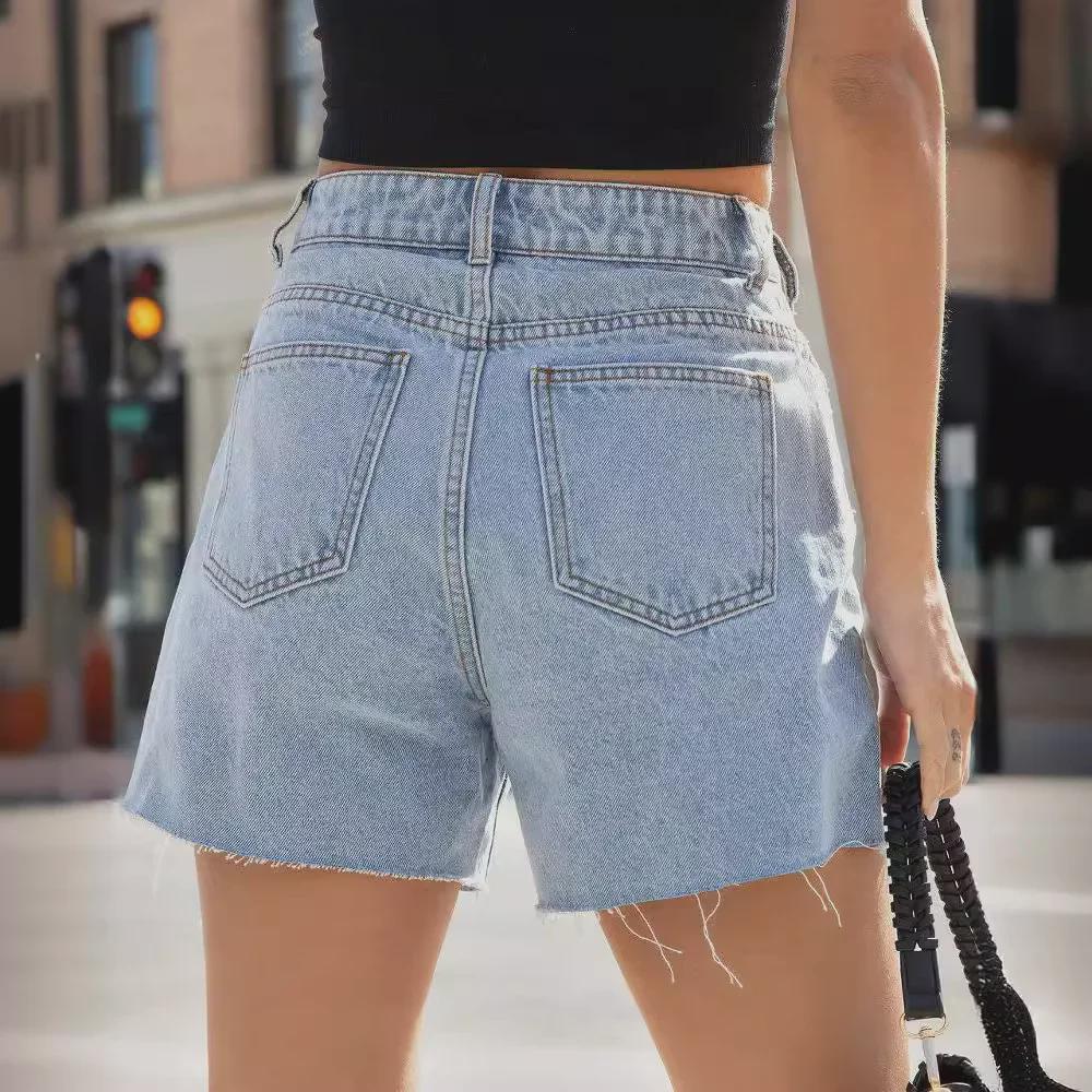 Women's Stylish Raw Edge Denim Shorts: Simple, Versatile Design for Popular European and US Markets