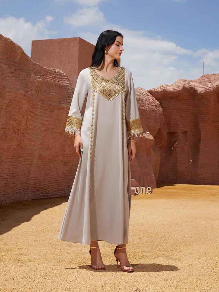 NC75 Women's Vintage Loose Plus Size Abaya: Middle Eastern Patchwork Sequin Robe with Round Neck