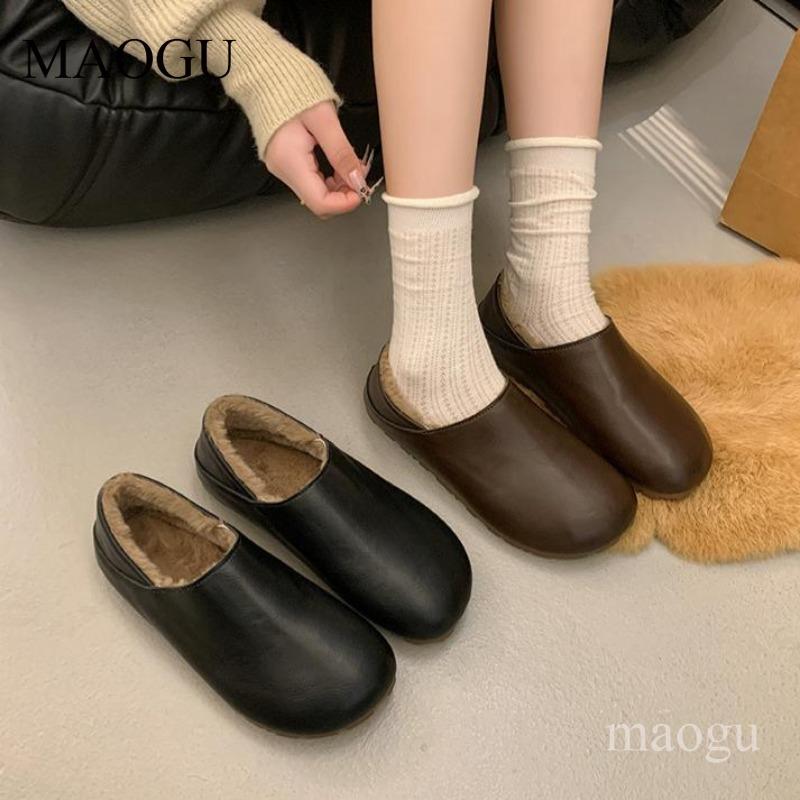 Anti-slip Women's Brown Short Plush Slip-On Warm Casual Shoes Autumn Winter Comfortable Flats Ladies Loafers Zapatos Para Mujer