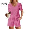 2Pcs/Set Women Summer Outfit V-neck Short Sleeve T-shirt Elastic Drawstring Waist Shorts Set Solid Color Loose Fit Casual Outfit