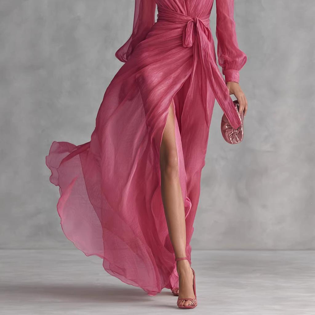Europe, America 2026 spring and summer elegant V-neck waist chiffon dress cardigan slim dress
