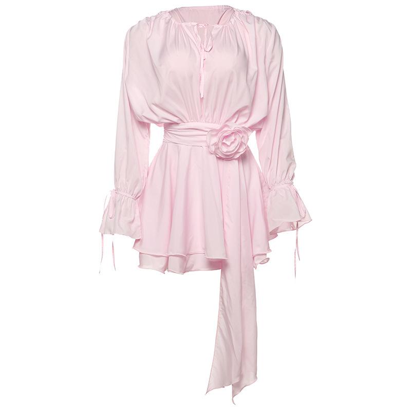 

Летнее новое женское однотонное сексуальное платье с круглым вырезом, шнуровкой, цветочной отделкой, рукавами-колокольчиками и облегающее бедра S розовый