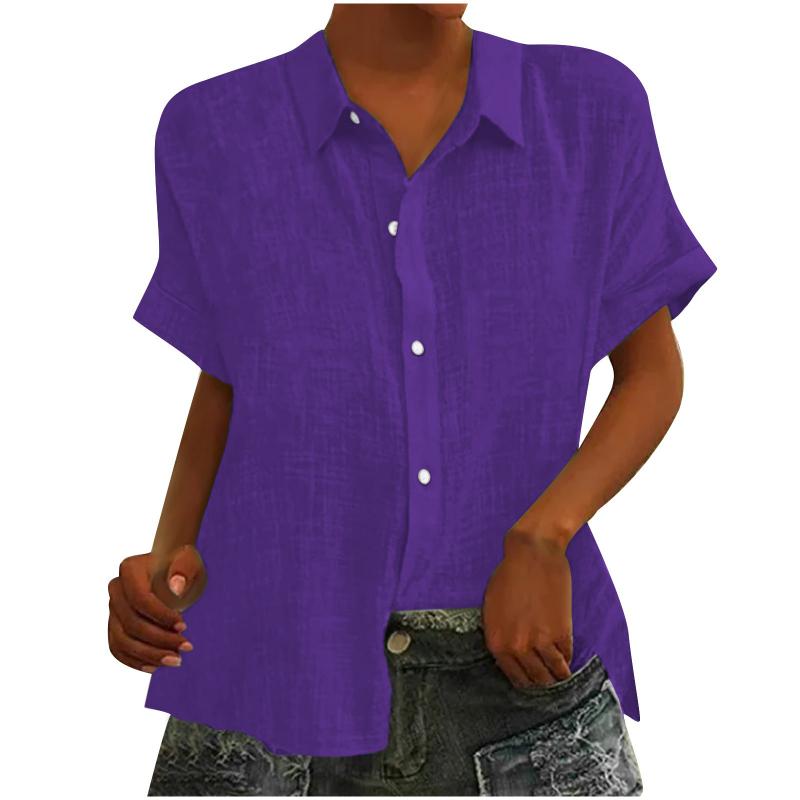 Solid Color Women's Loose Cotton and Linen Short Sleeve Lapel Button Cardigan Top Women