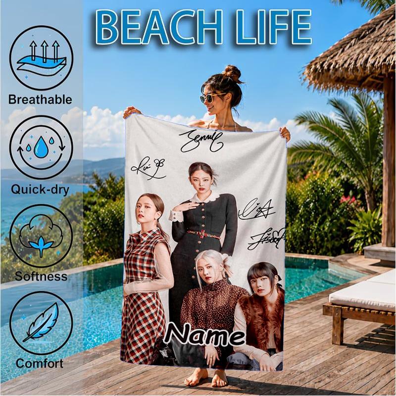 Custom Name Beach Towel Kpop Pink Roses Friendship Microfiber Beach Towel, Lightweight for Summer Travel, Swimming Pool Fan Birthday Gift