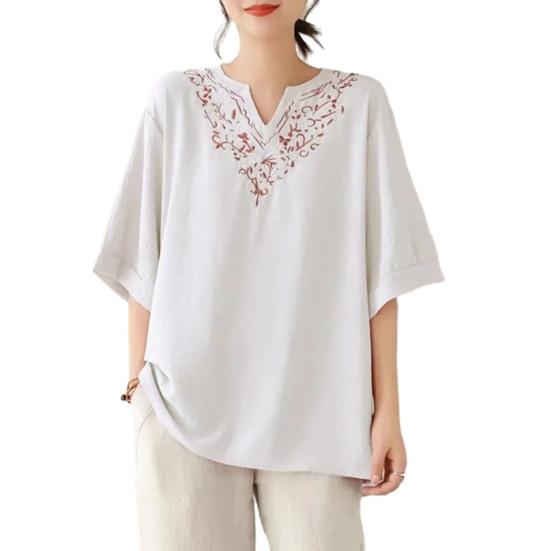 Women T-shirt Deep V Neckline Embroidery Floral Pattern Pullover Tops Pure Color Loose Fit