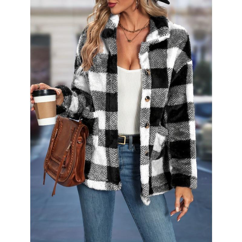 Ladies Temperament Plaid Tweed Jacket Autumn and Winter Loose Long-sleeved Thickened Cardigan Tops