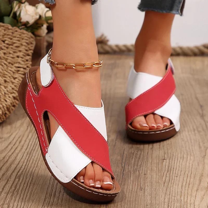 Women's Contrast Color Wedge Sandals Summer Peep Toe Non Slip Beach Shoes Woman Comfortable Platform Roman Sandalias Mujer 2026