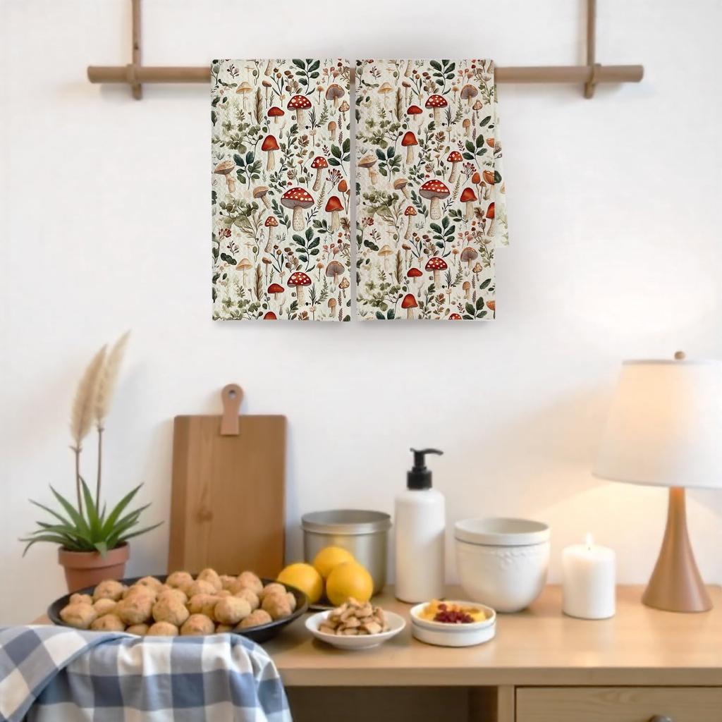 Cottagecore Mushroom Kitchen Towels Decorative, Farmhouse Wildflower Botanical Dish Hand Tea Towels, Rustic Mushroom Kitchen Bathroom Decor, 16x24