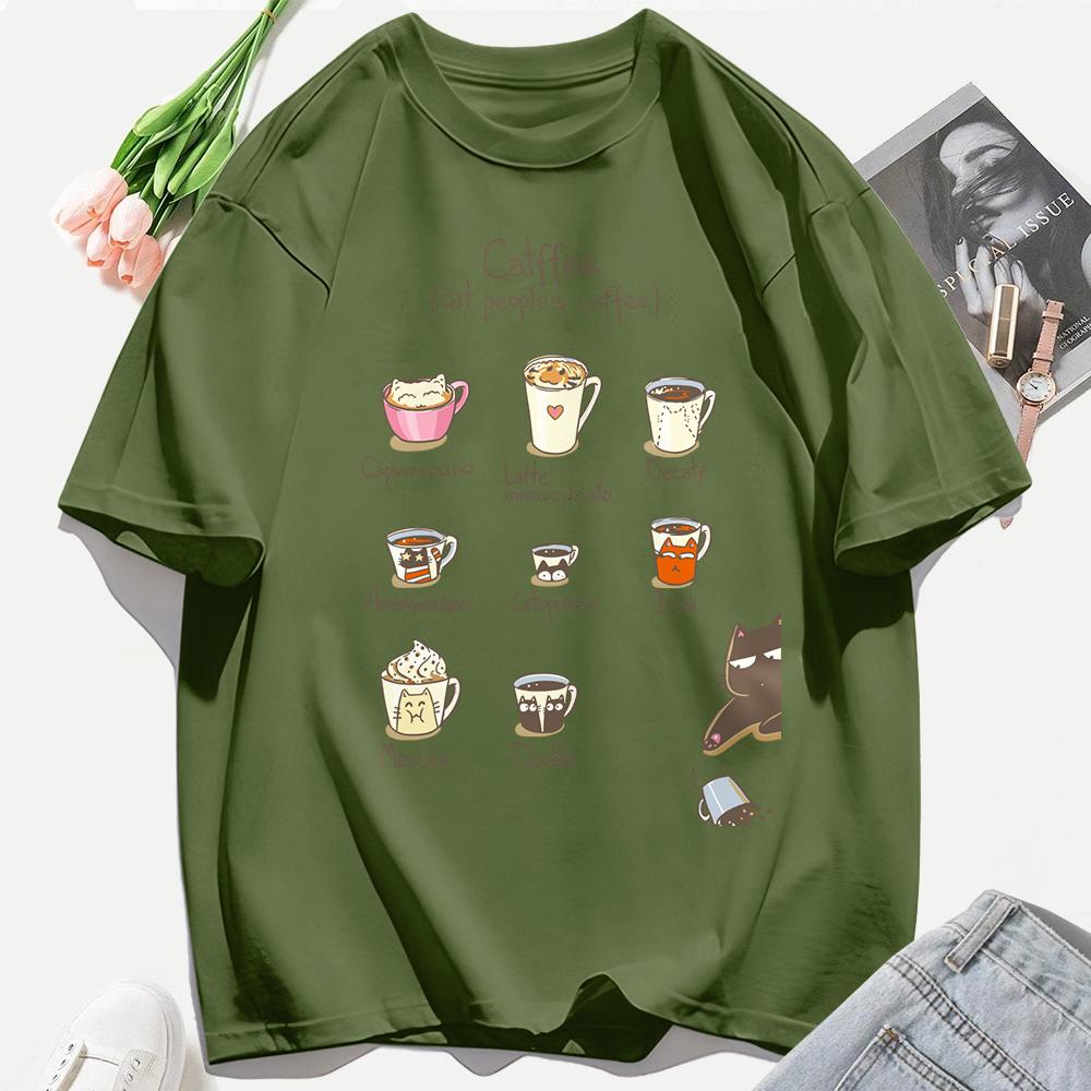 Cat People'S Coffee Illustration Printing T-Shirt Woman Summer Cotton T Shirts Y2K Soft Comfortable Top Unisex Hip Hop Clothes