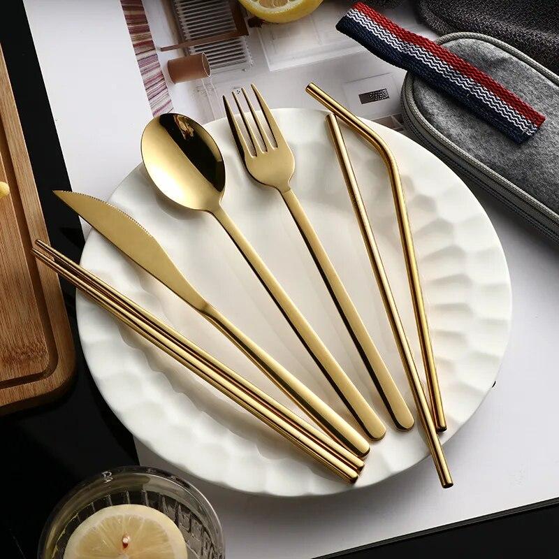 1set Silvery/Golden 304 Stainless Steel Straw Tableware Set Portable Knife Fork Chopsticks Straw and Brush