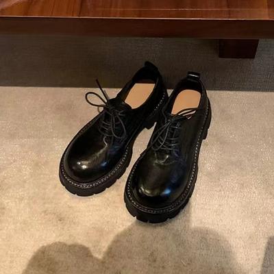 Grape Mother Washed Shrinkage Soft Horse Leather Thick-soled Lace-up Loafu Lace-up Round Head Small Leather Shoes Women