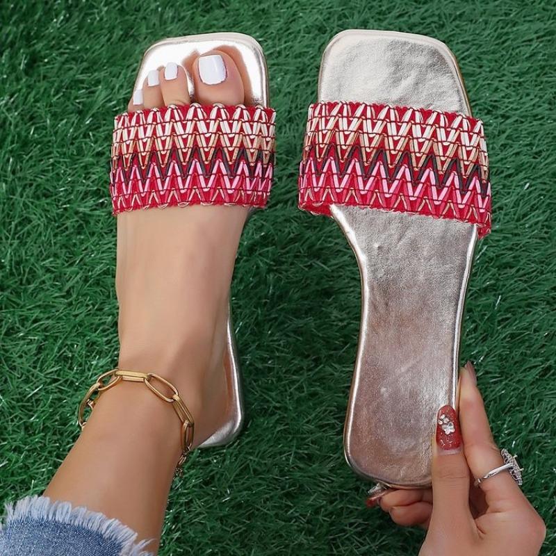 One-character Colored Webbing Slippers Women's New Large-size Women's Shoes Flat-bottomed Casual Cool Slippers Women