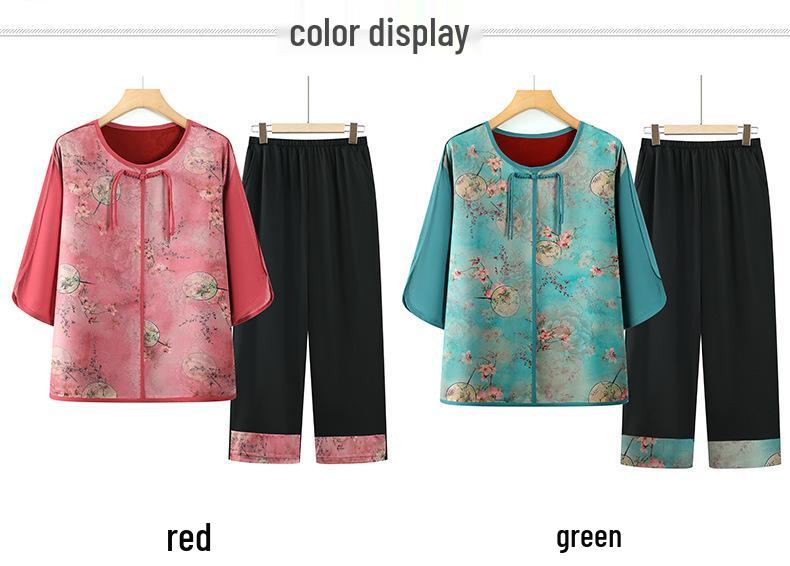 Chinese Style Summer Two-Piece Set for Middle-Aged and Elderly Women – Shirt and Pants Suit