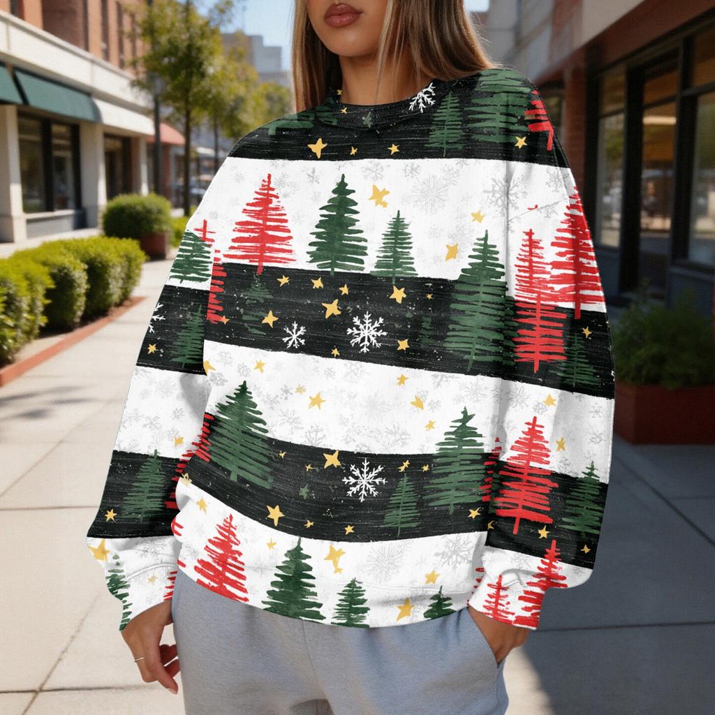 Women's Trendy Christmas Print Crewneck Sweatshirt Lightweight Casual Pullover Top