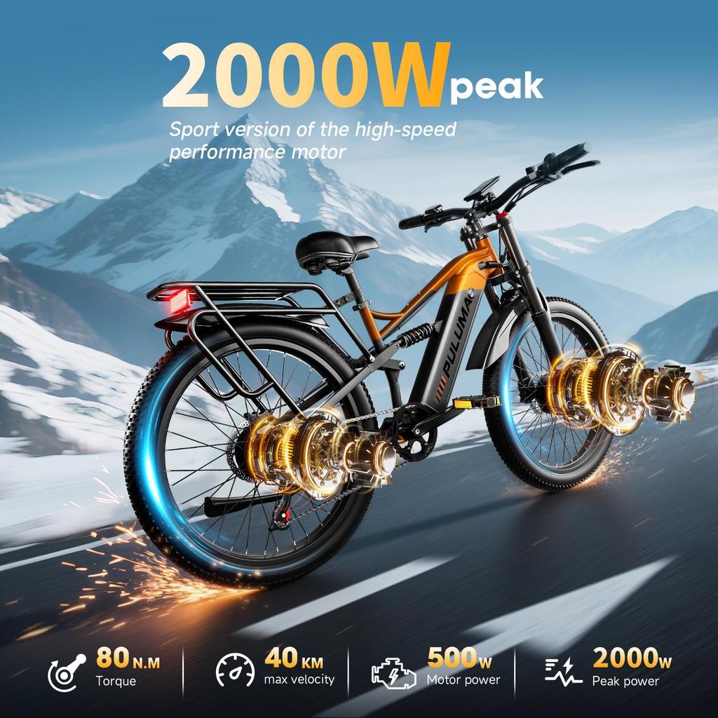 Electric Bike PULUMA PE86 Pro 26 Inch Tires 500W*2 Motor 48V20Ah Battery Torque Sensor 40km/h Max Speed 150km Max Range