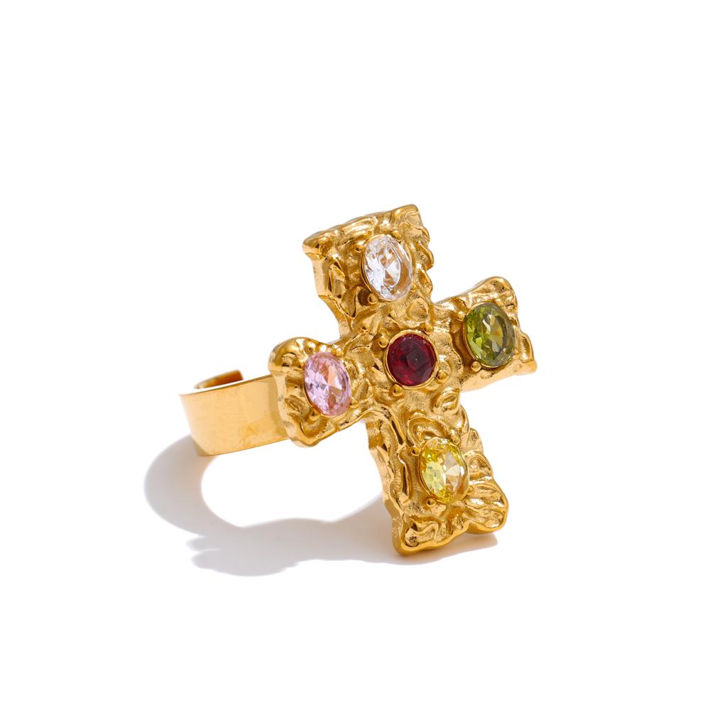 

Yhpup Vintage Colorful Cubic Zirconia Cross Open Adjustable Golden Ring Stainless Steel PVD Plated Trending Finger Jewelry Gift resizable