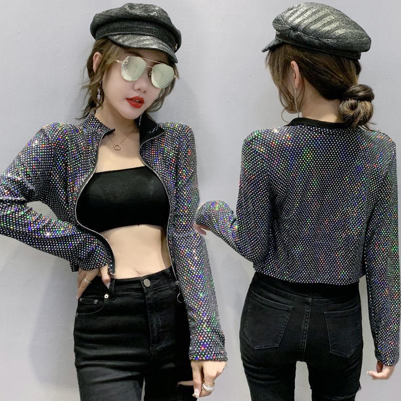 Slim Jacket Women Fashion Glitter Sequined Short Coat Female Design Sense  Long Sleeve Tops Vintage Plus Size Woman Clothes Streetwear