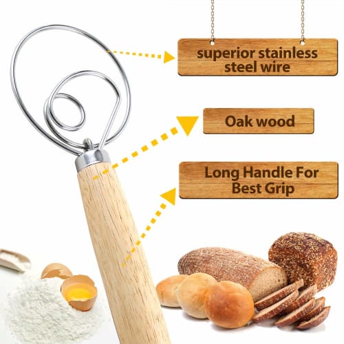 DIFENLUN Danish Dough Whisk Bread Mixer, 2-Pack, Stainless Steel Dutch Whisk Hand Mixer with Wooden Handle, Kitchen Baking Tool for Cakes, Desserts, S