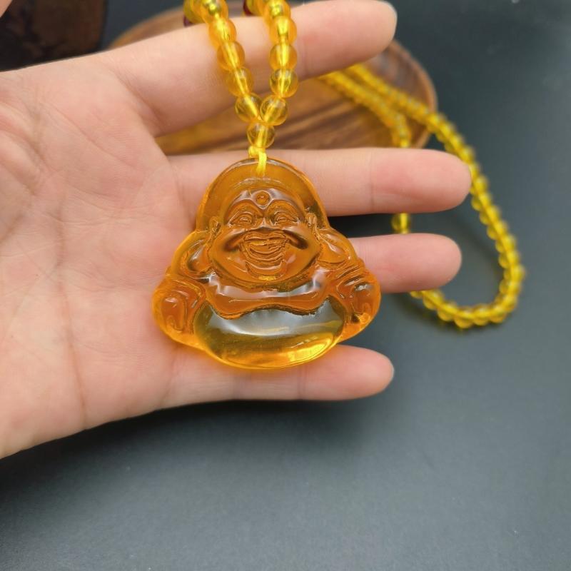 Yellow Beeswax Sweater Necklace Water Drop Flowers Gourd Leaves Amber Pendant Necklace Handicraft National Style Pendant