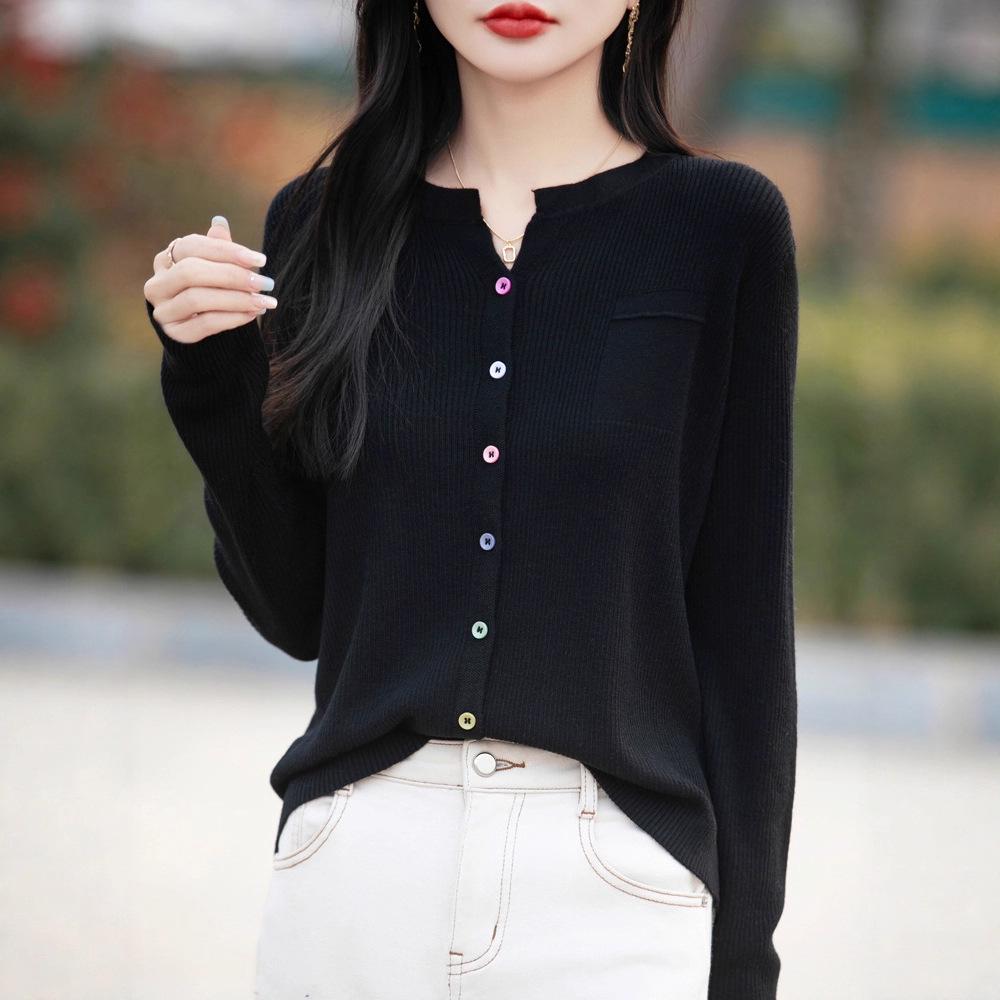 Women's Slimming V-Neck Stripe Button Cardigan for Autumn/Winter