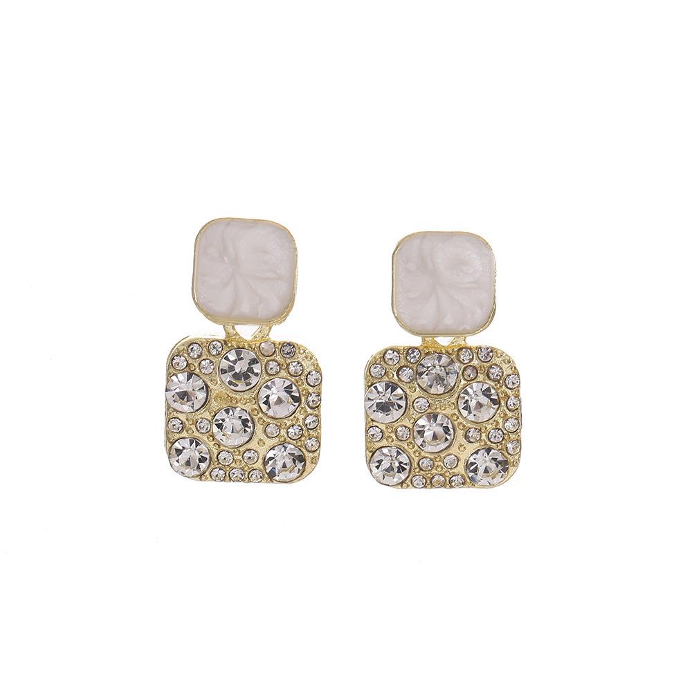 S925 Sterling Silver Geometric Square Stud Earrings with Full Diamond Korean Style - Trendy and Elegant Design for Women.