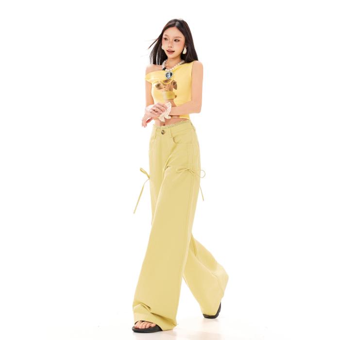 

Korean Style Olive Yellow Lace Trim Casual Wide-Leg Pants for Women - Spring/Summer 2026 Collection Extra Small