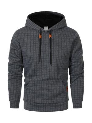 European Men's Casual Hooded Sweatshirt with Large Pockets, Small Check Jacquard, Solid Color