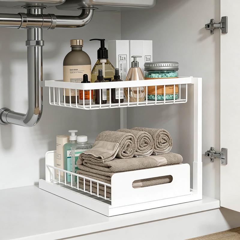 In-Cabinet Pull-Out Double Drawer Sink Rack for Kitchen and Bathroom Universal2Layer Organizer Storage Artifact