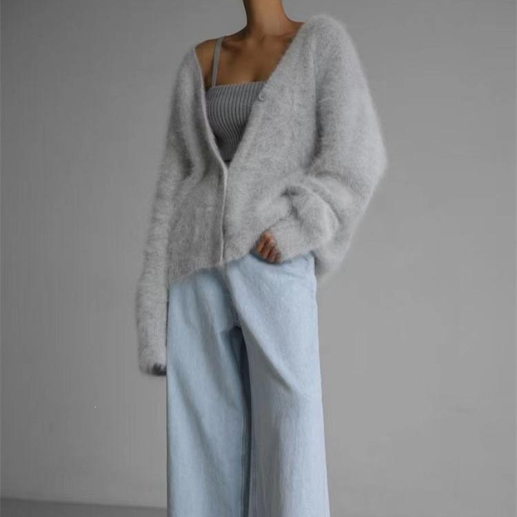 Women's Faux Mink Knit Cardigan Jacket Soft and Skin-friendly V-neck Knit Cardigan Autumn and Winter