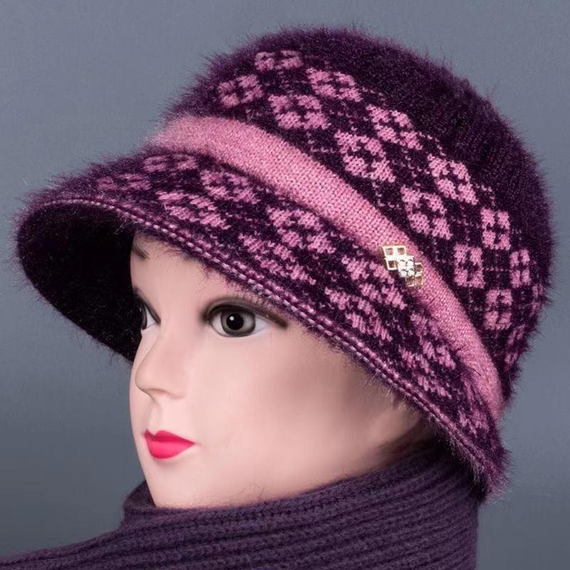Hat Women's Autumn and Winter Fleece Big Eaves Knitted Hat Wool Hat Old Lady Thermos Hat