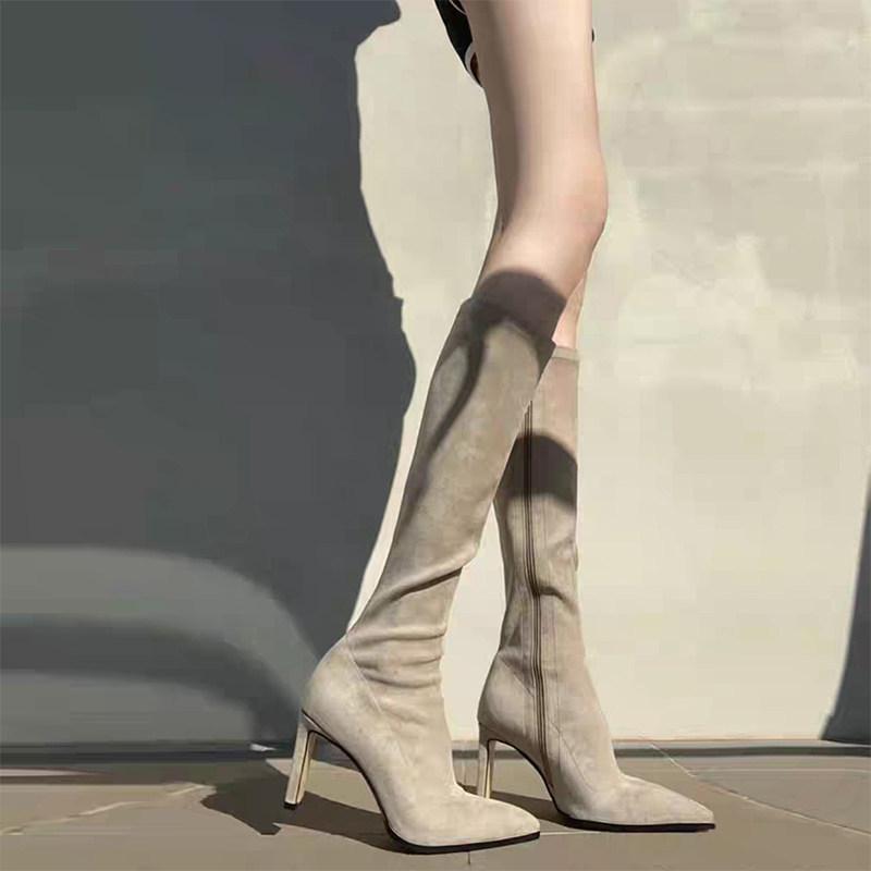 Boots Women's Year Pointed High Heel Boots Suede Elastic Skinny Boots Thick Heel Knight Boots
