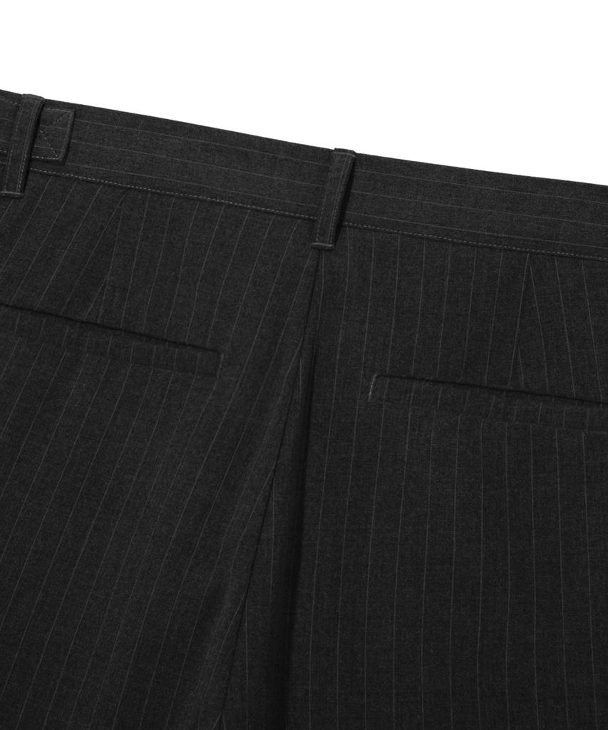 TRILLION Striped Side Pleat Snap Button Wide Slacks_Black